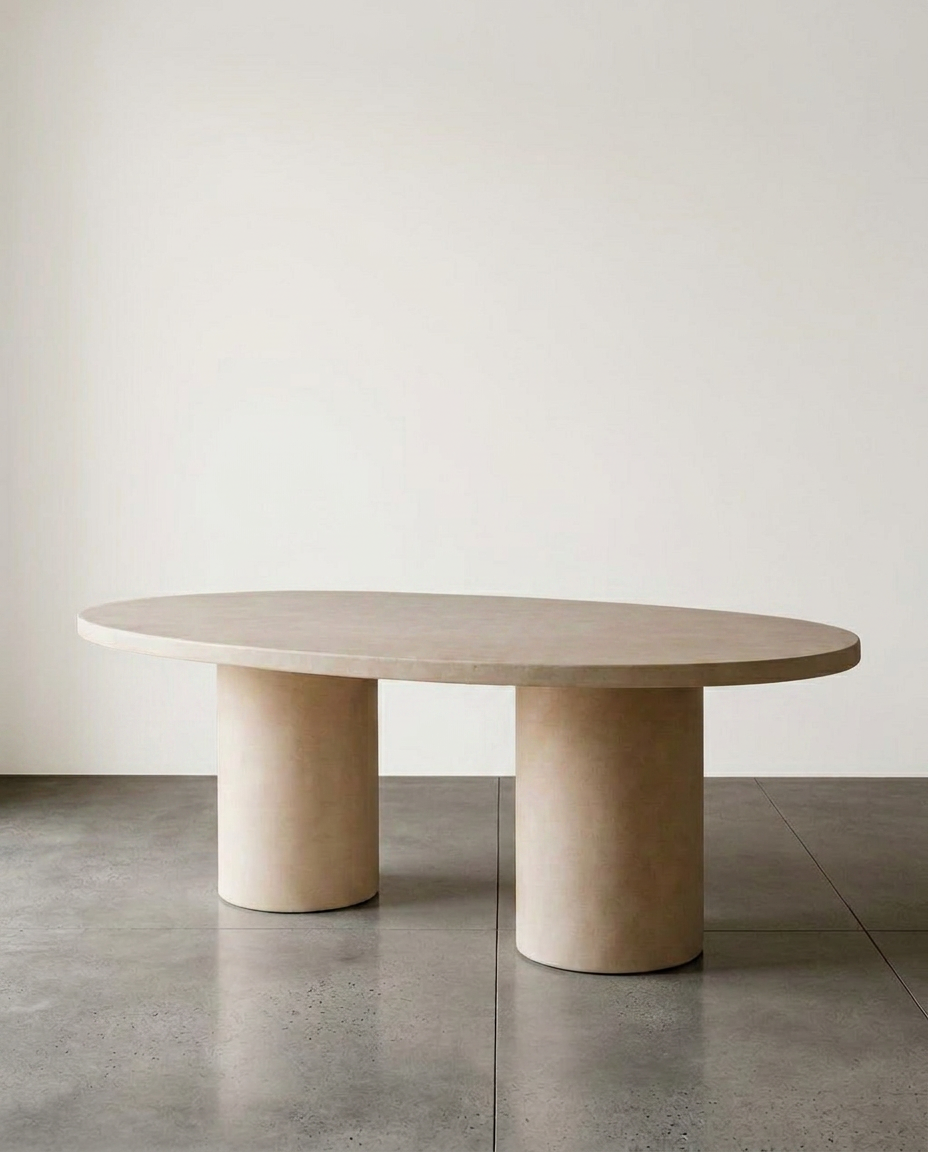 Oval microcement dining table by Vorm